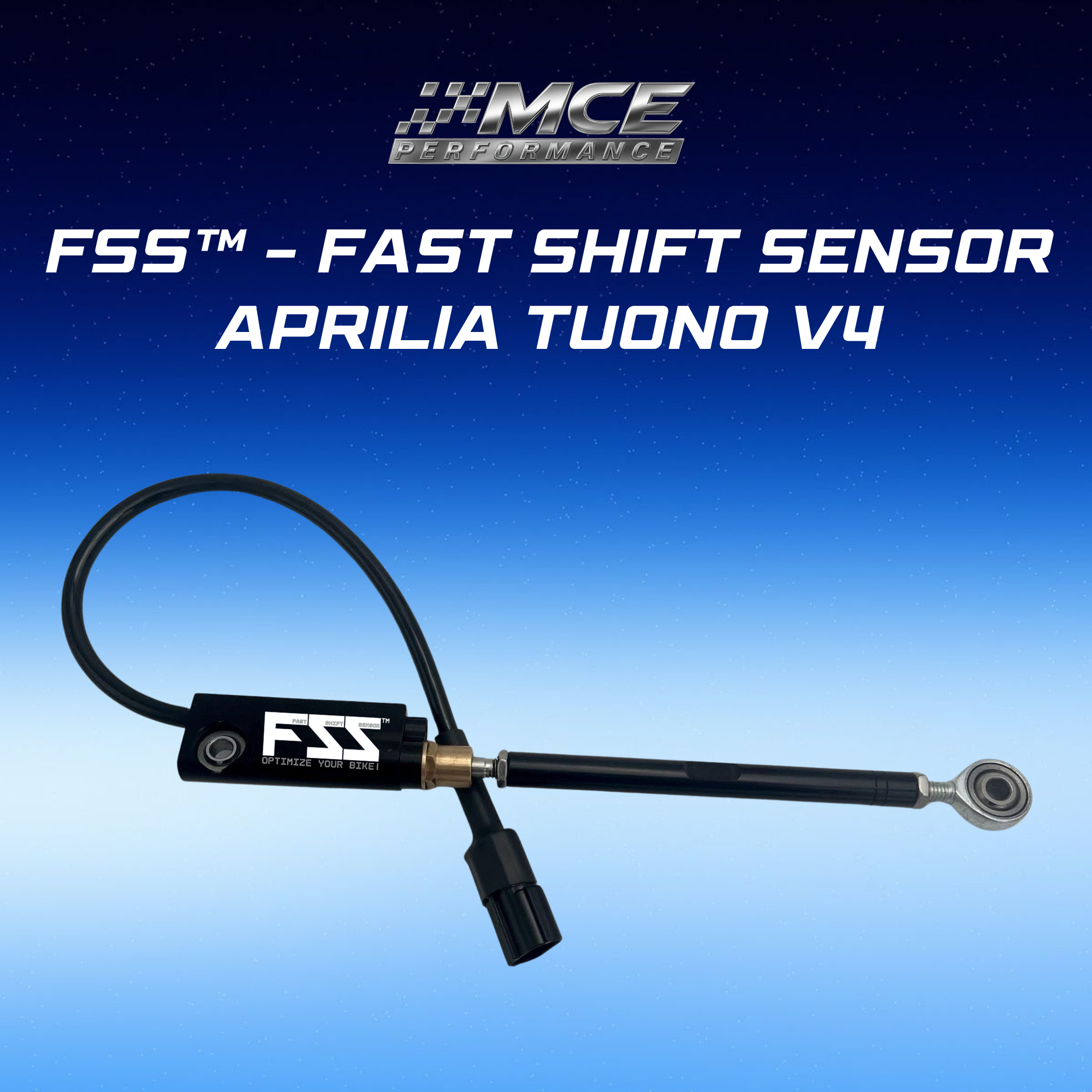 Quickshifter sensor with blipper function and Lohmann technology for Aprilia Tuono V4 enabling ultra-fast clutchless upshifts and downshifts with precise gear detection and race-proven performance by MCE Performance