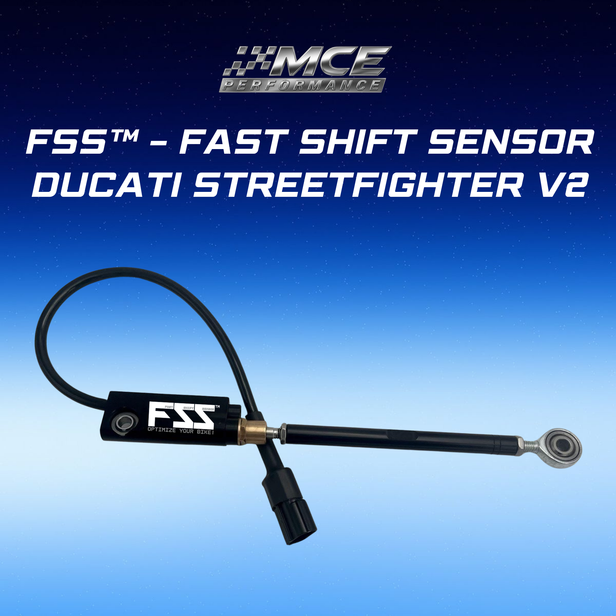 Quickshifter sensor with blipper function and Lohmann technology for Ducati Streetfighter V2 enabling ultra-fast clutchless upshifts and downshifts with precise gear detection and race-proven performance by MCE Performance