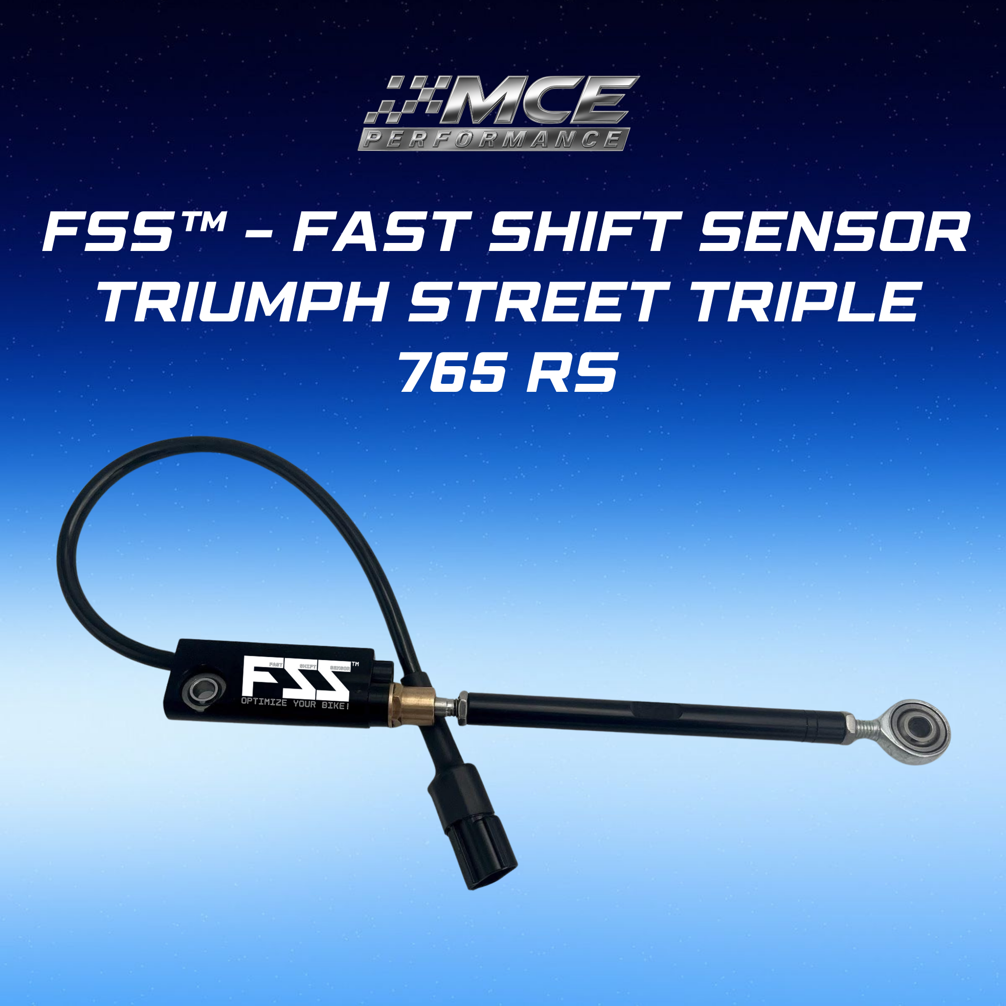 Quickshifter sensor with blipper function and Lohmann technology for Triumph Street Triple 765 RS enabling ultra-fast clutchless upshifts and downshifts with precise gear detection and race-proven performance by MCE Performance