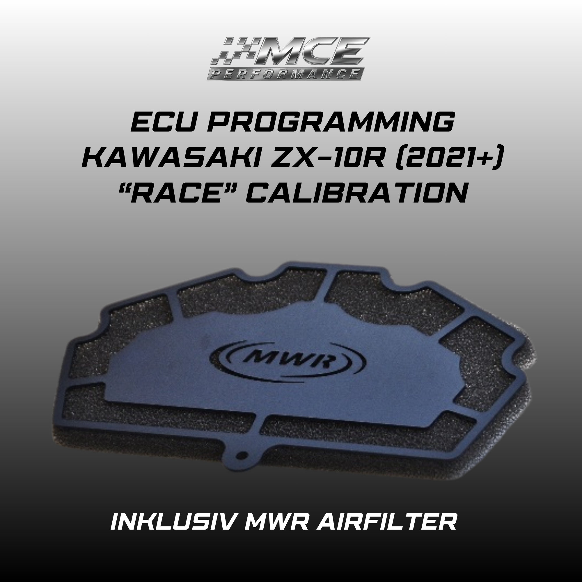 Kawasaki ZX 10R ECU race calibration with optimized fueling ignition quickshifter and restriction removal for improved throttle response and track performance by MCE Performance inks MWR Airfilter