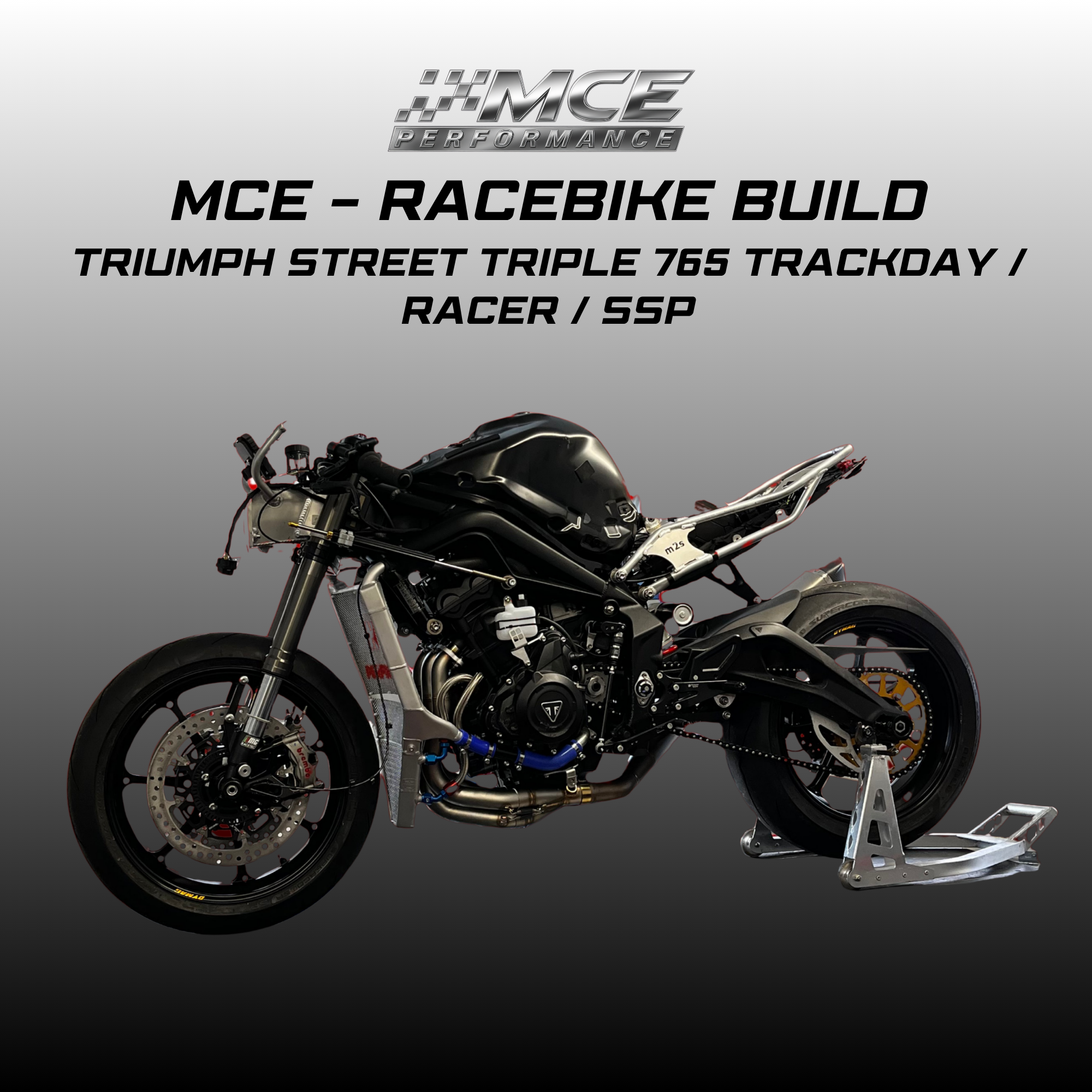 custom racebike build for Triumph Street Triple 765 transformed into track and racing machine with performance upgrades and motorsport setup by MCE Performance