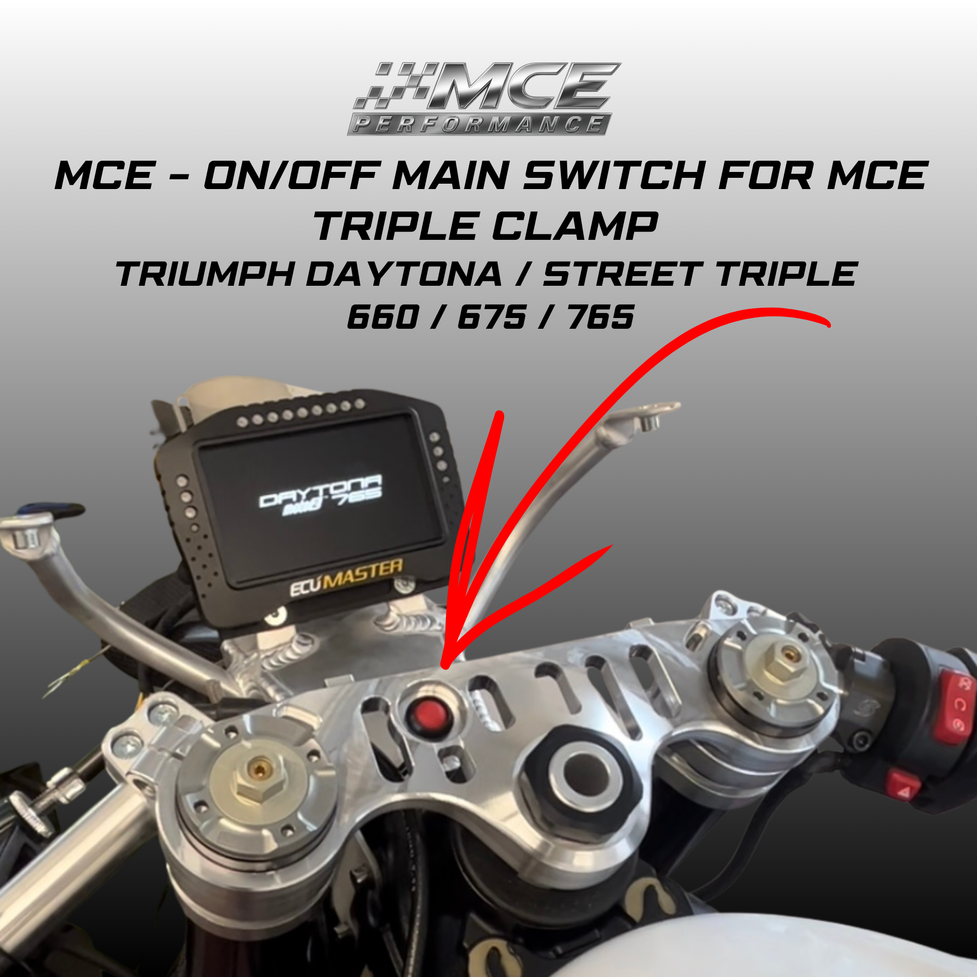 on off main switch installed on MCE triple clamp for Triumph 765 with metal housing and plug and play wiring connection by MCE Performance