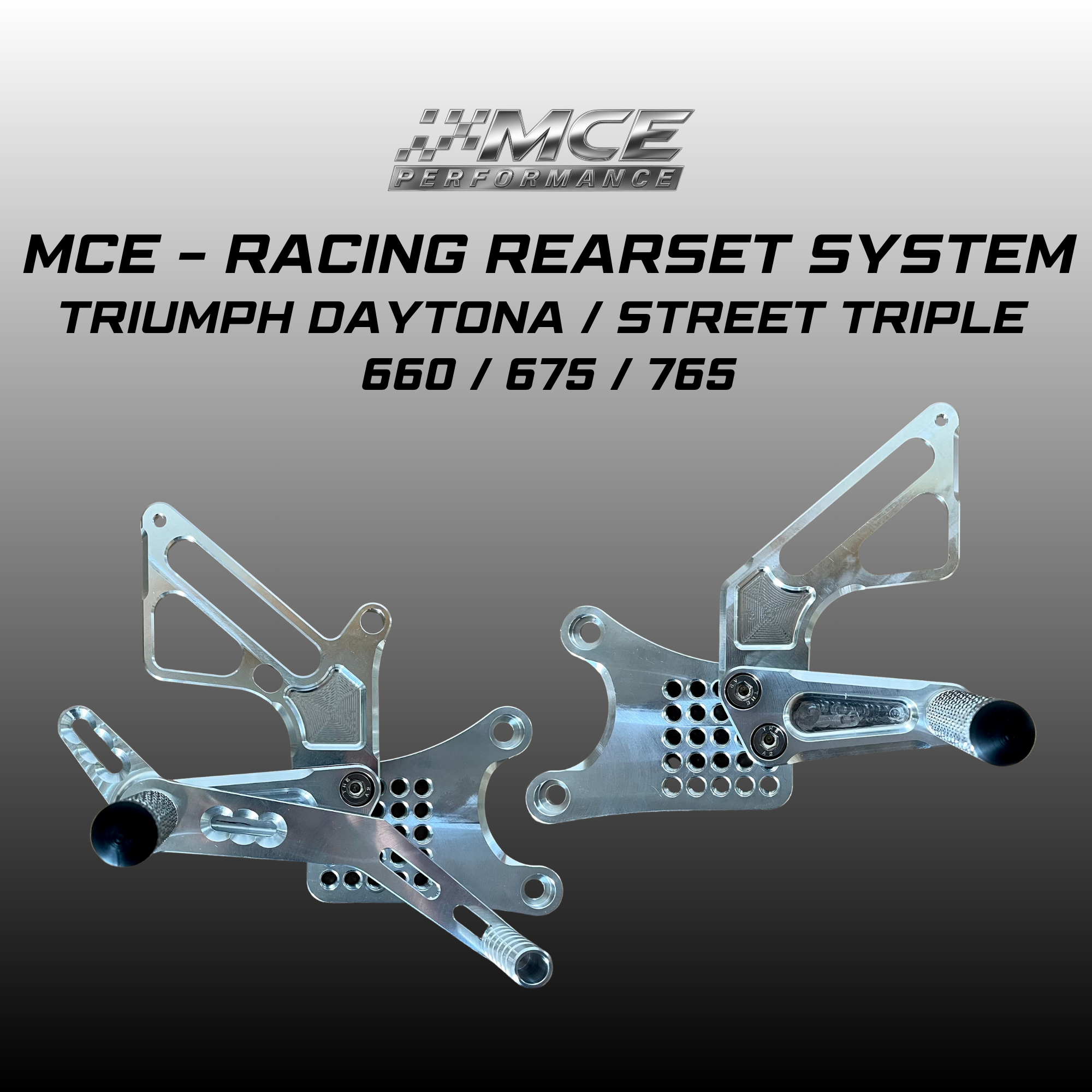 CNC machined racing rearset system for Triumph Street Triple and Daytona 675 765 with adjustable foot pegs and interchangeable brake and shift levers by MCE Performance