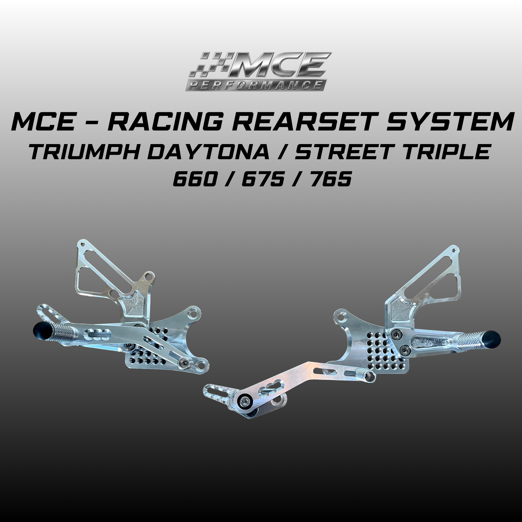 close-up of CNC machined rearset components showing adjustable mounting points for Triumph 660 675 765