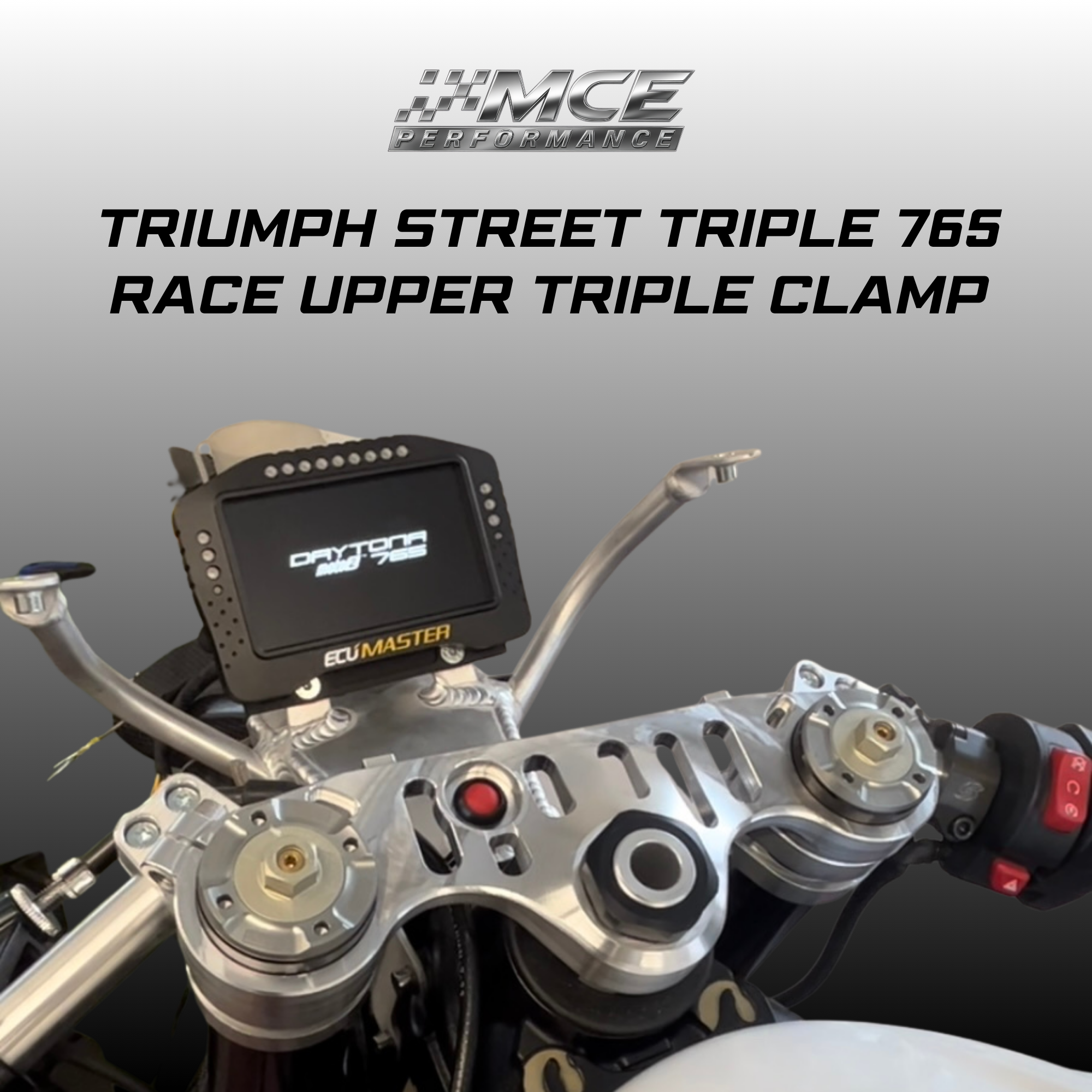 race upper triple clamp for Triumph Street Triple 765 designed for clip on handlebars with OEM offset and lowered position for track performance by MCE Performance