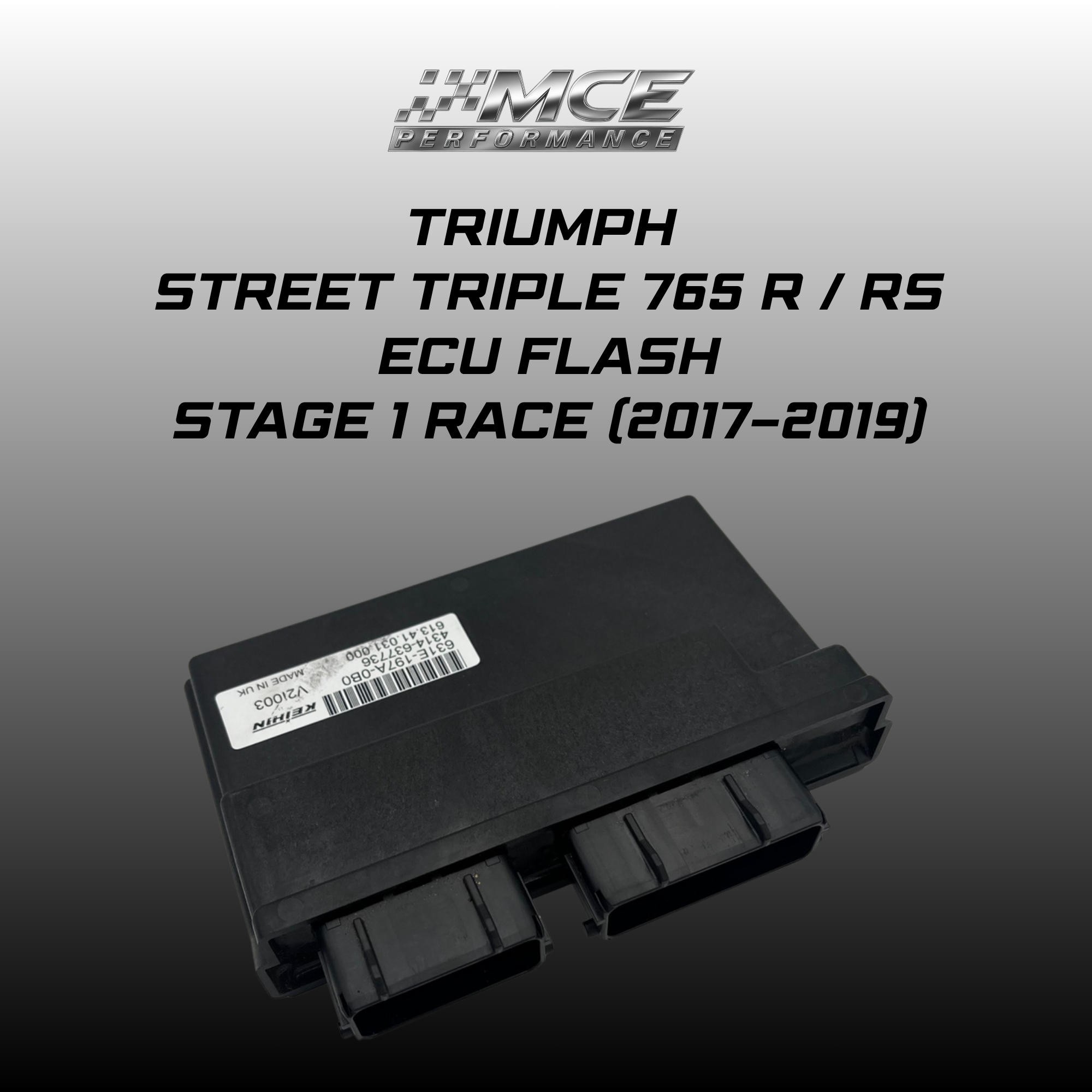 Stage 1 Race ECU Flash for Triumph Street Triple 765 R, RS and Moto2 2017–2019. Optimized throttle response, rideability and usable performance for road-focused setups.
