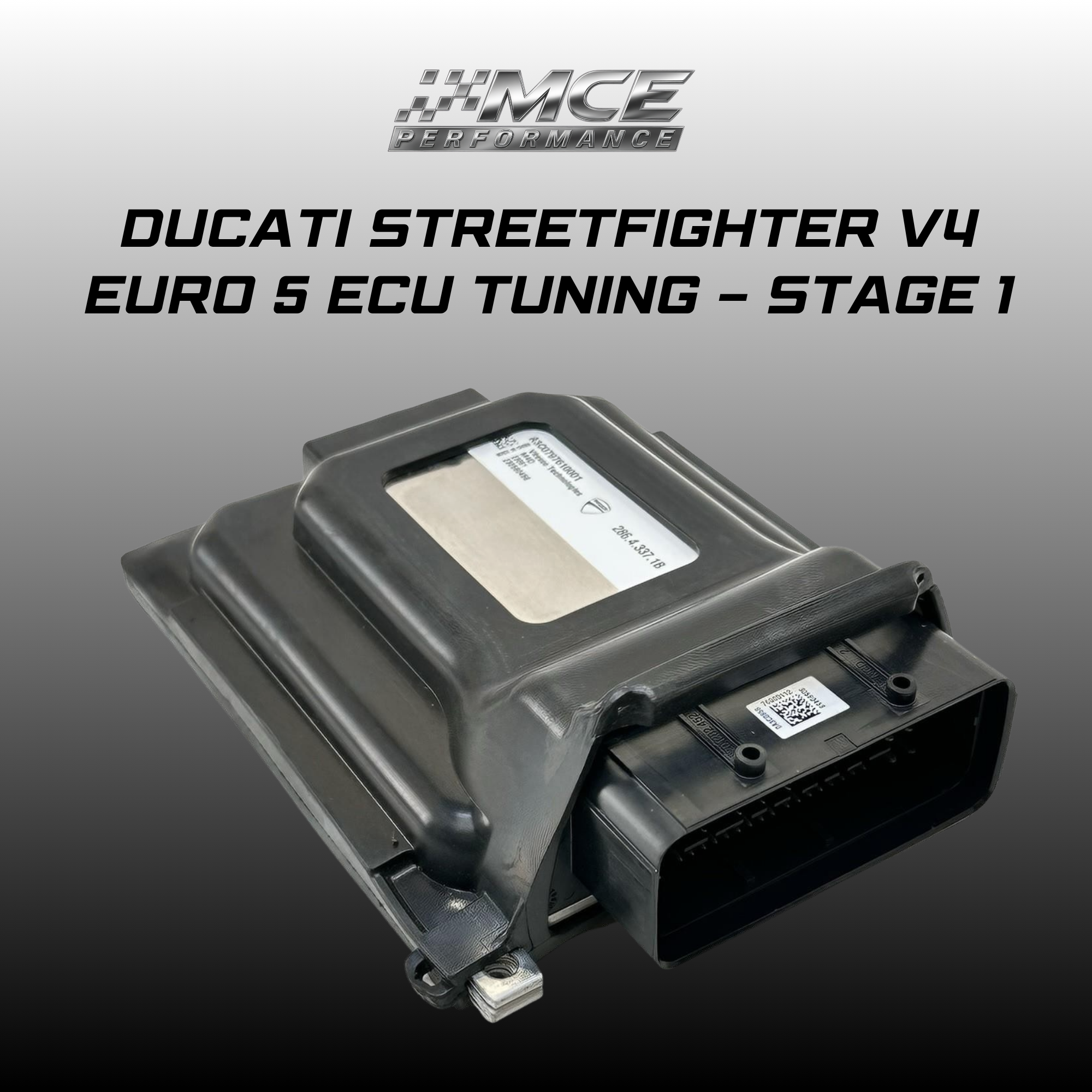 Ducati Streetfighter V4 Euro 5 ECU stage 1 tuning with optimized fueling ignition and throttle response for improved rideability and performance by MCE Performance