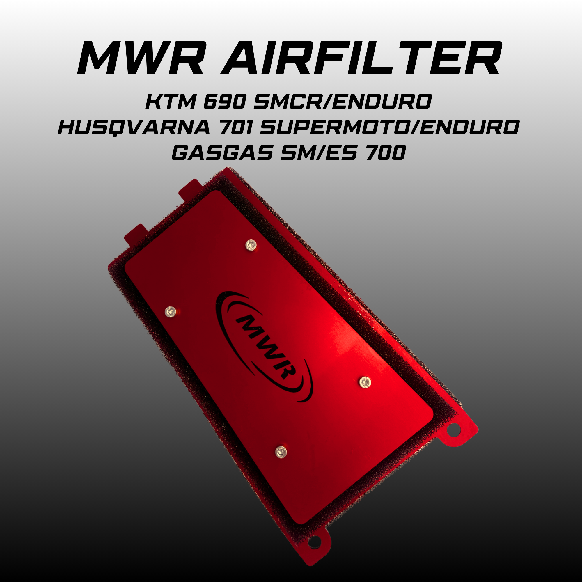 MWR performance air filter in red for KTM 690 SMCR, Husqvarna 701 and GasGas 700 models, designed for improved airflow and reusable high-performance intake system